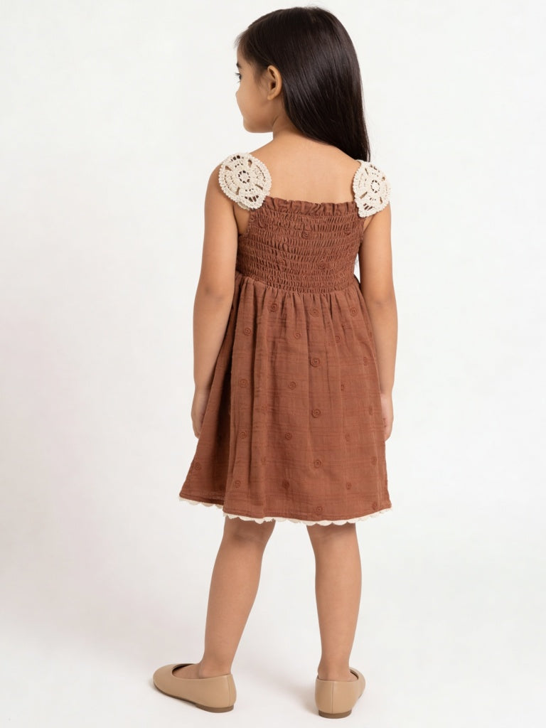 Buy HOP Kids Girls Brown Embroidered Cotton A-Line Dress from Westside