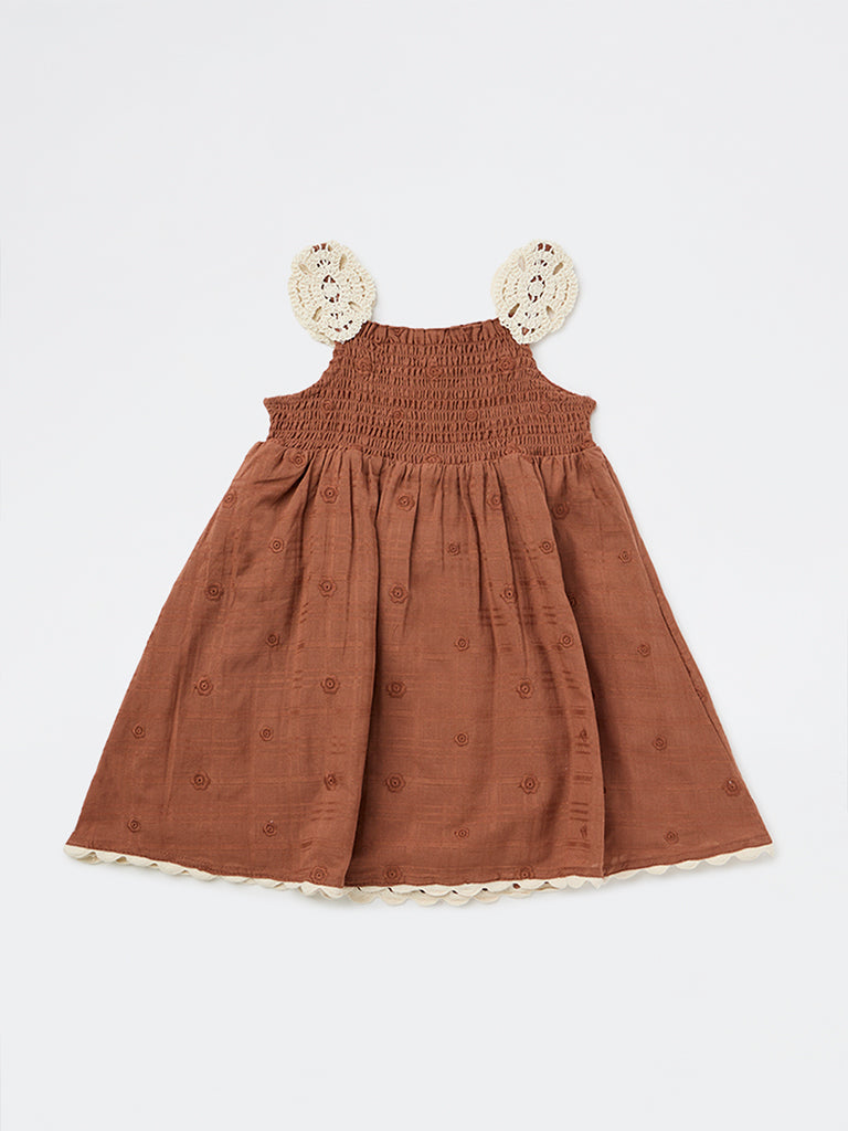 HOP Kids Girls Brown Embroidered Cotton A-Line Dress