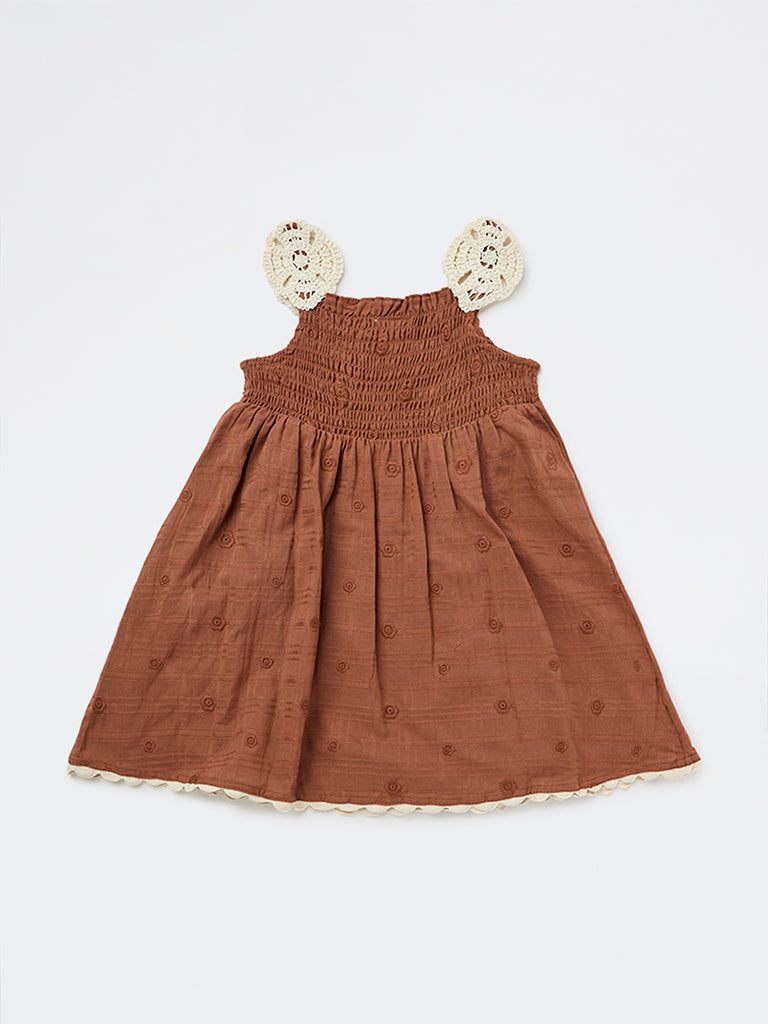Buy HOP Kids Girls Brown Embroidered Cotton A-Line Dress from Westside