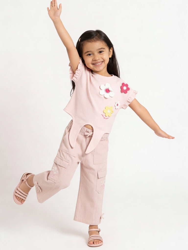 HOP Kids Girls Pink Floral Embroidered Tie-Up Cotton Top