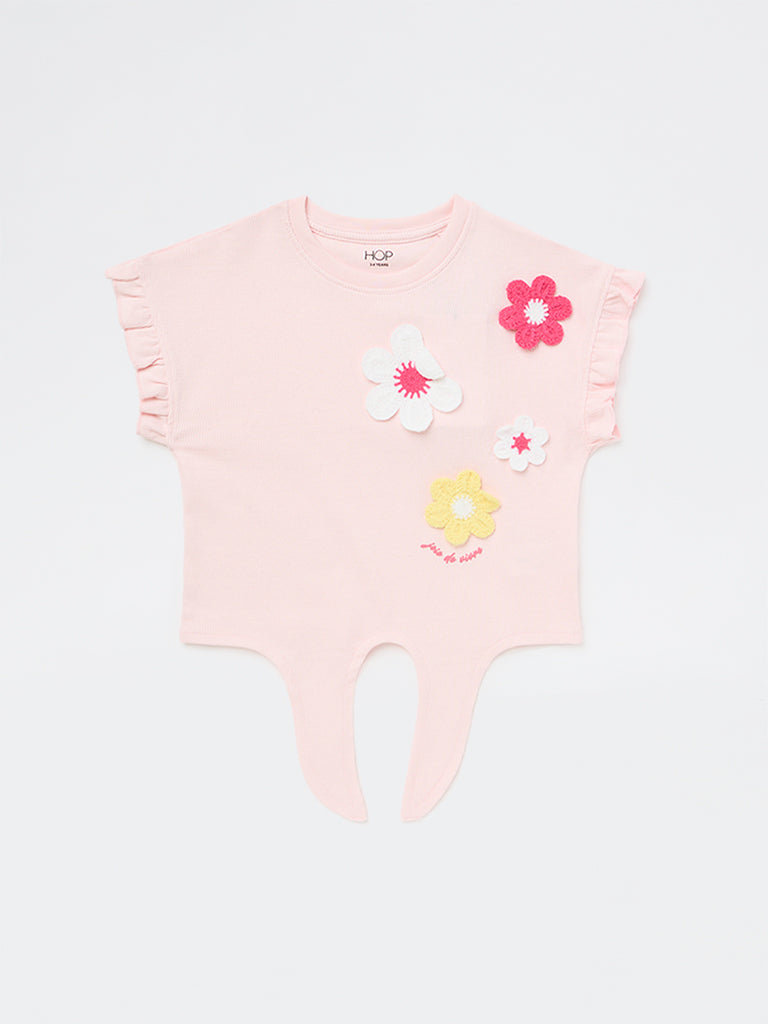 HOP Kids Girls Pink Floral Embroidered Tie-Up Cotton Top