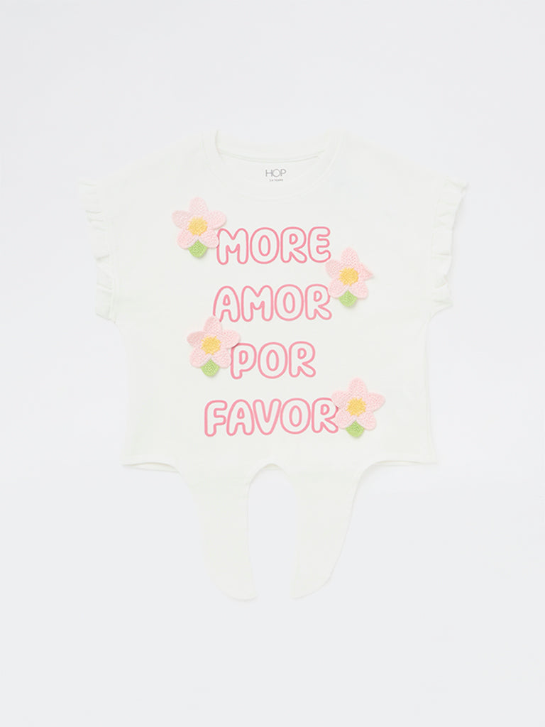 HOP Kids Girls White Text Printed Tie-Up Cotton Top