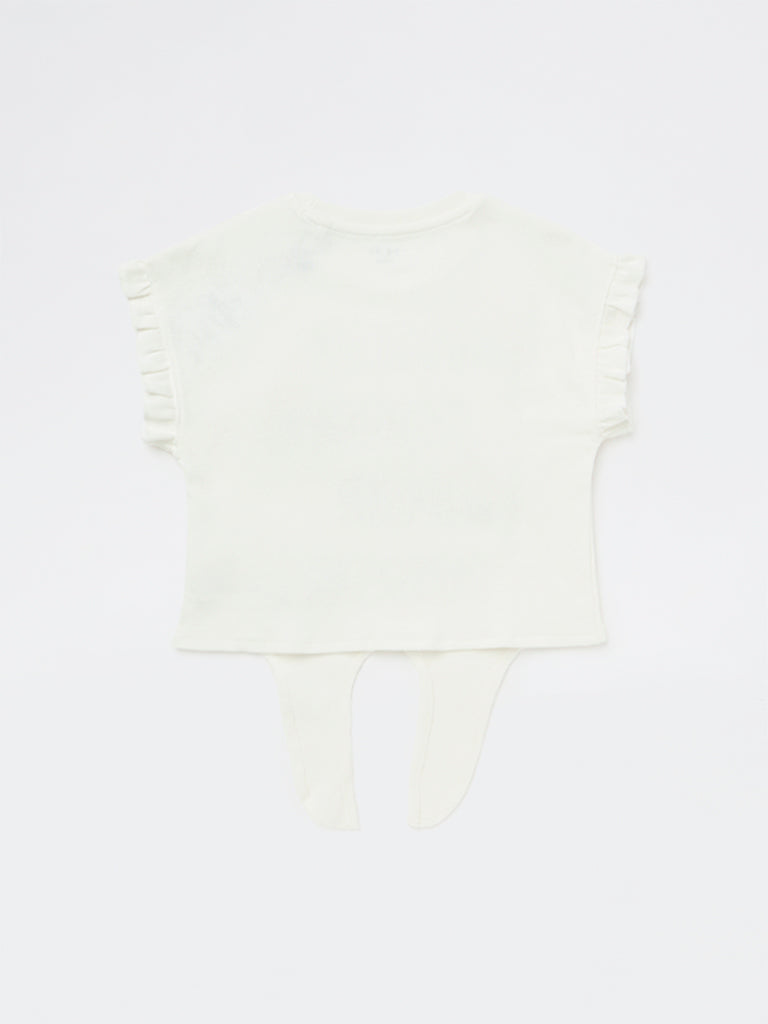 HOP Kids Girls White Text Printed Tie-Up Cotton Top