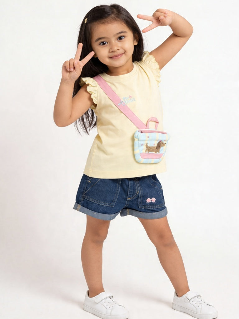 HOP Kids Girls Yellow Pouch Design Cotton Top