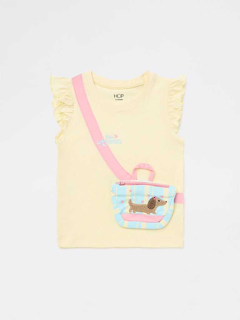 HOP Kids Girls Yellow Pouch Design Cotton Top