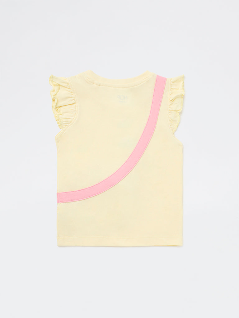HOP Kids Girls Yellow Pouch Design Cotton Top