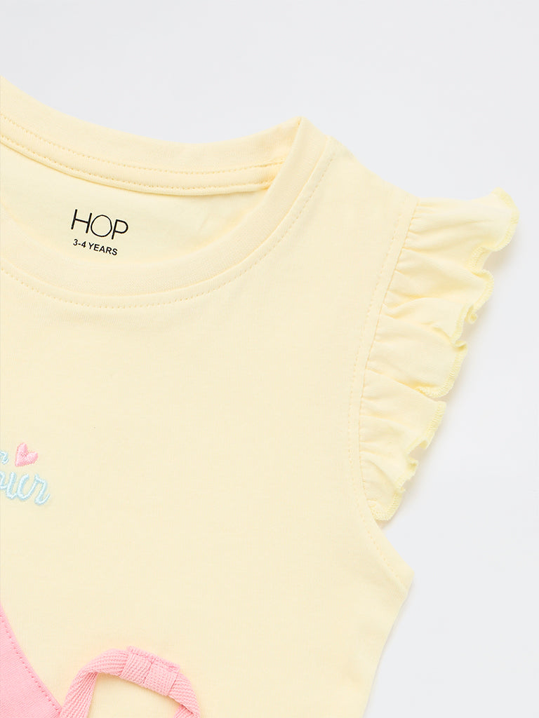 HOP Kids Girls Yellow Pouch Design Cotton Top