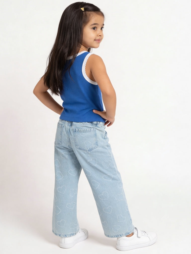 HOP Kids Girls Blue Numerical Embroidered Cotton-Blend Top