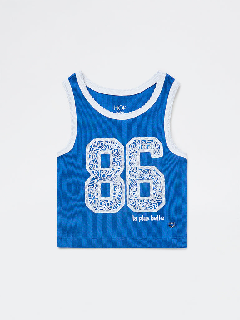 HOP Kids Girls Blue Numerical Embroidered Cotton-Blend Top