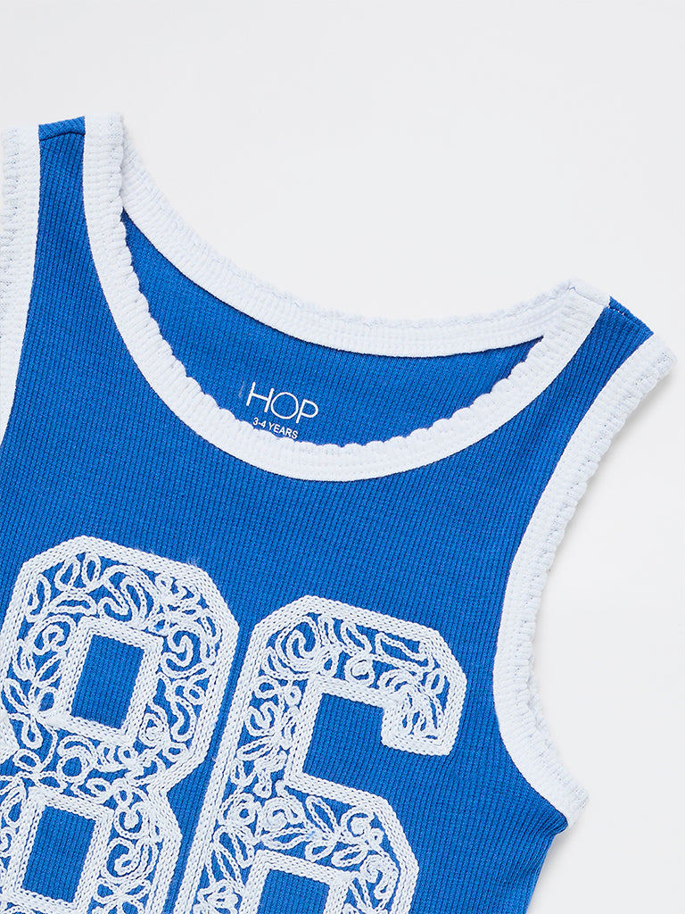 HOP Kids Girls Blue Numerical Embroidered Cotton-Blend Top