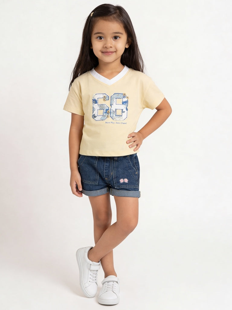 HOP Kids Girls Light Yellow Numerical-Design Cotton T-Shirt