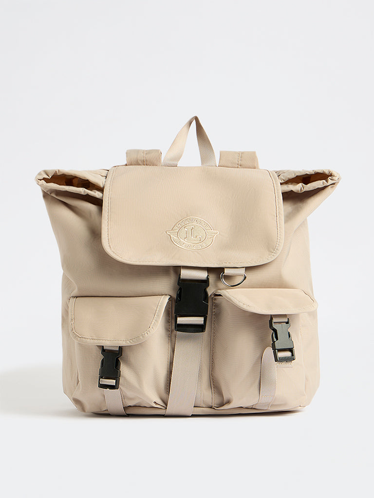 Beige Solid Multi-Pocket Backpack