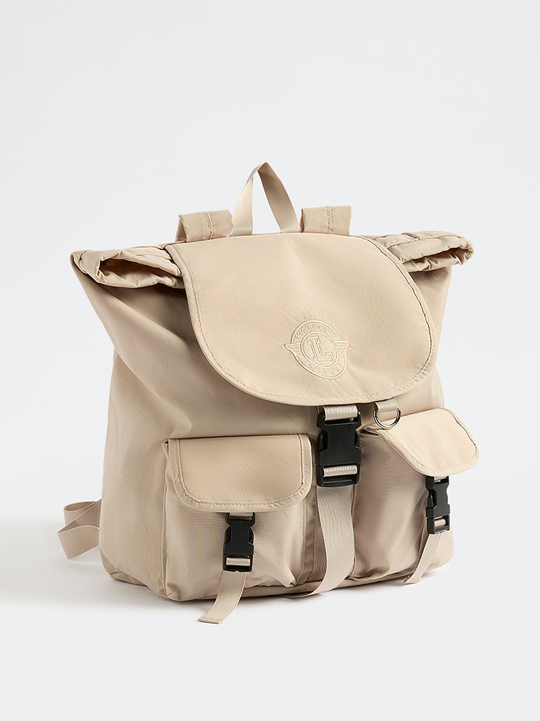 Beige Solid Multi-Pocket Backpack