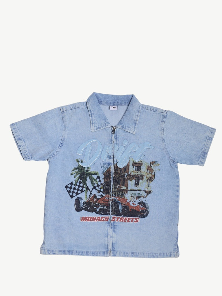 Y&F Kids Boys Blue Graphic Print Zip-Up Denim Shirt