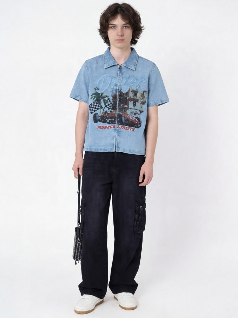 Y&F Kids Boys Blue Graphic Print Zip-Up Denim Shirt