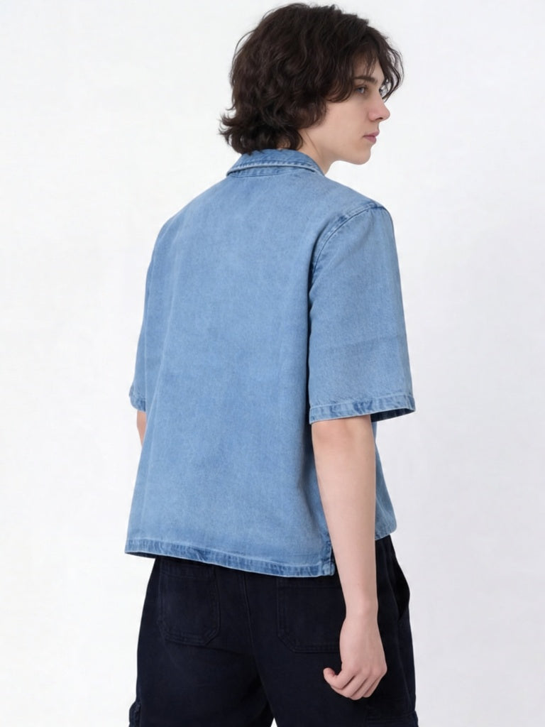 Y&F Kids Boys Blue Graphic Print Zip-Up Denim Shirt