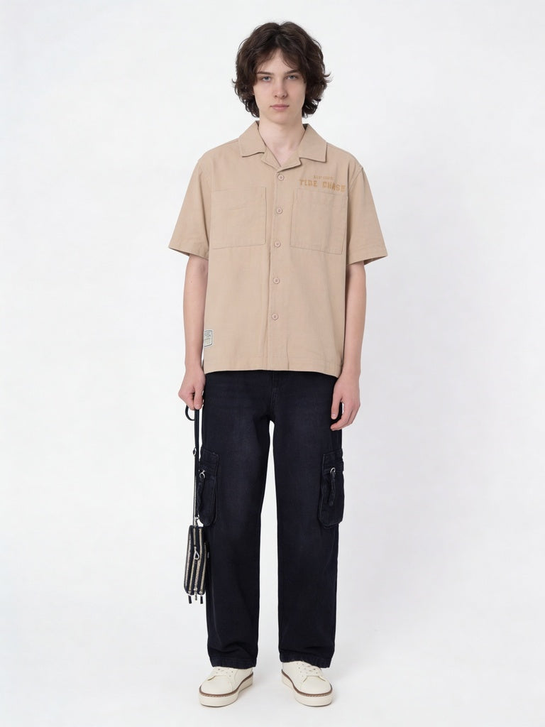 Y&F Kids Boys Beige Embroidered Cotton Shirt