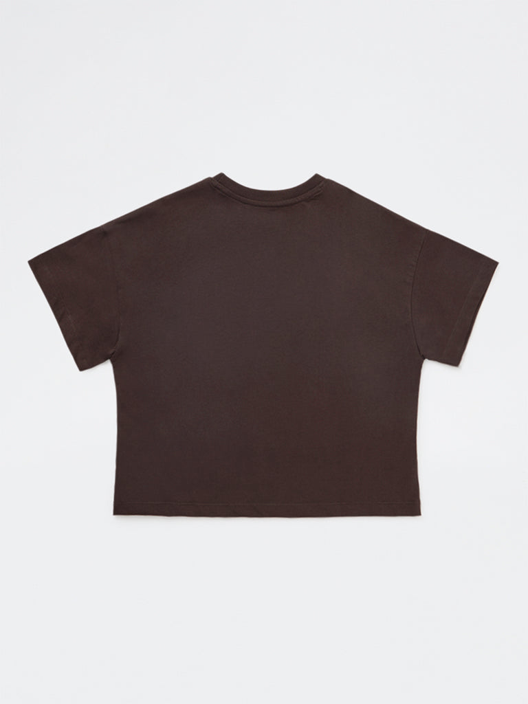 Y&F Kids Girls Dark Brown Printed Cotton T-Shirt