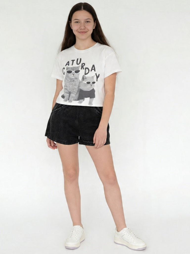 Y&F Kids Girls White Printed Cotton T-Shirt