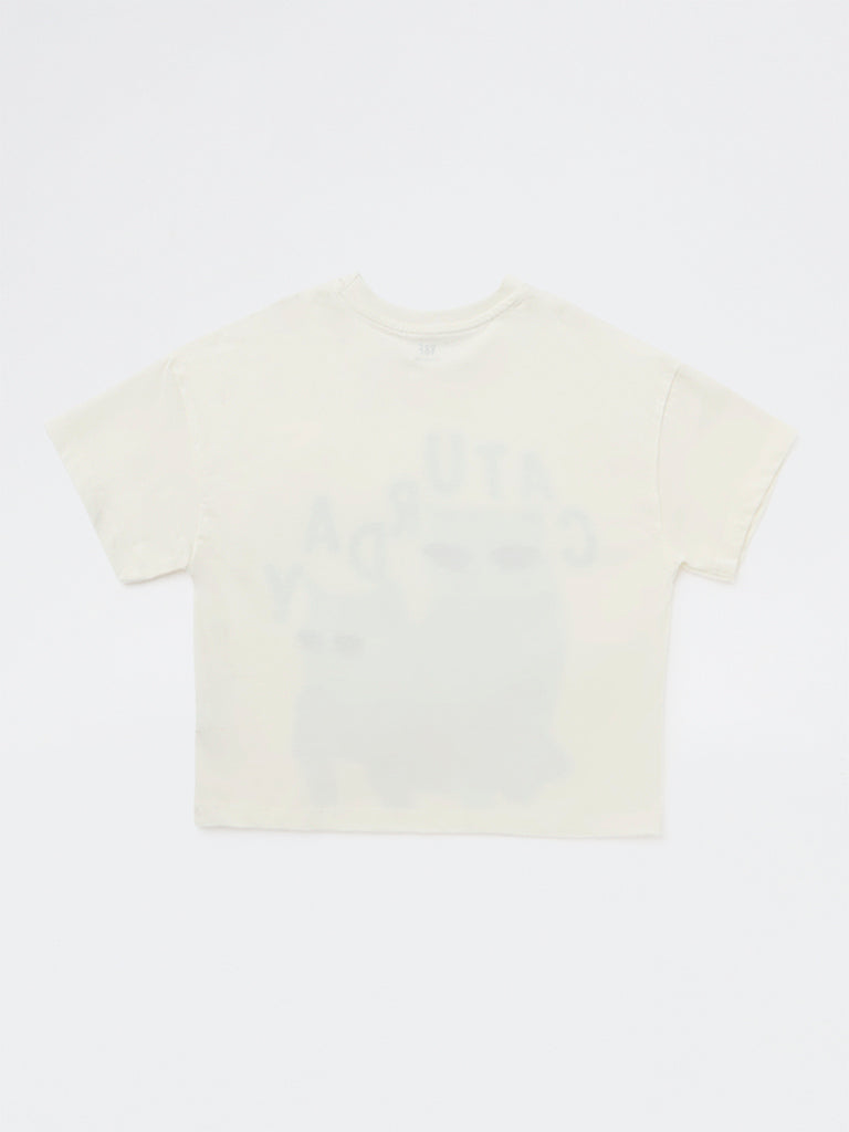 Y&F Kids Girls White Printed Cotton T-Shirt