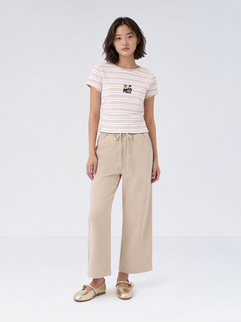 Girls Beige High-Rise Relaxed-Fit Jeans