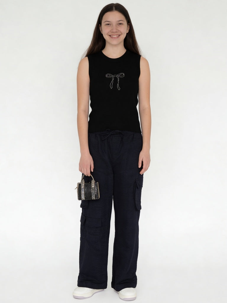 Girls Black Multi-Pocket Cargo Wide Leg Trousers
