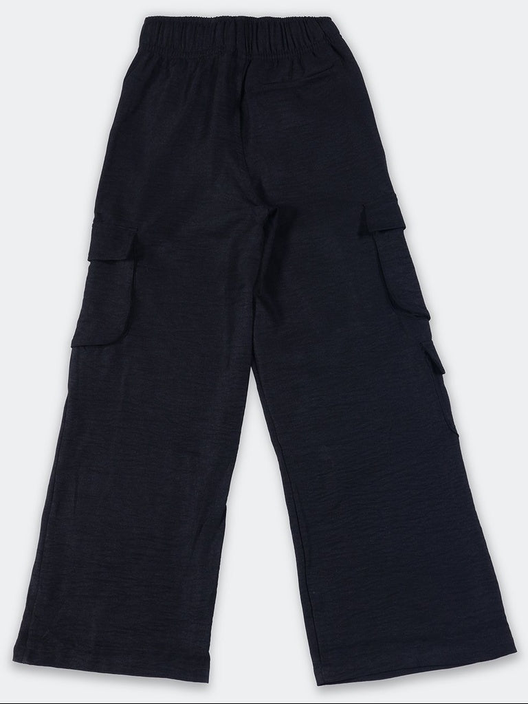 Girls Black Multi-Pocket Cargo Wide Leg Trousers