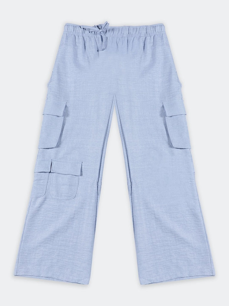 Girls Powder Blue Solid Straight Leg Trousers