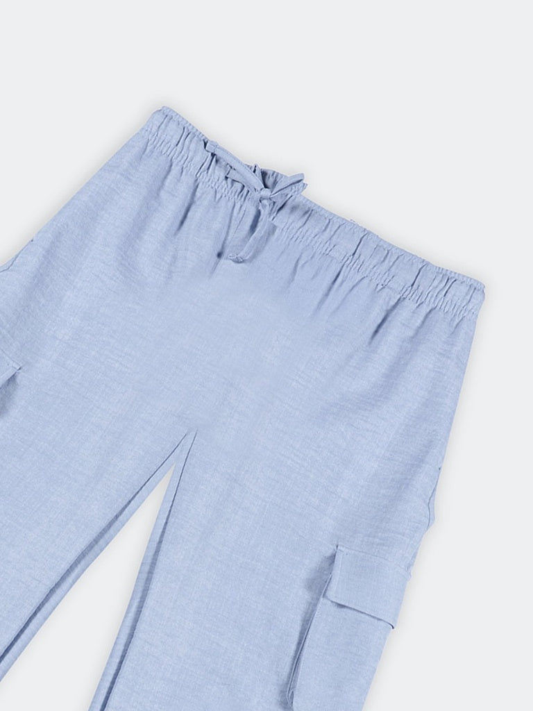 Girls Powder Blue Solid Straight Leg Trousers