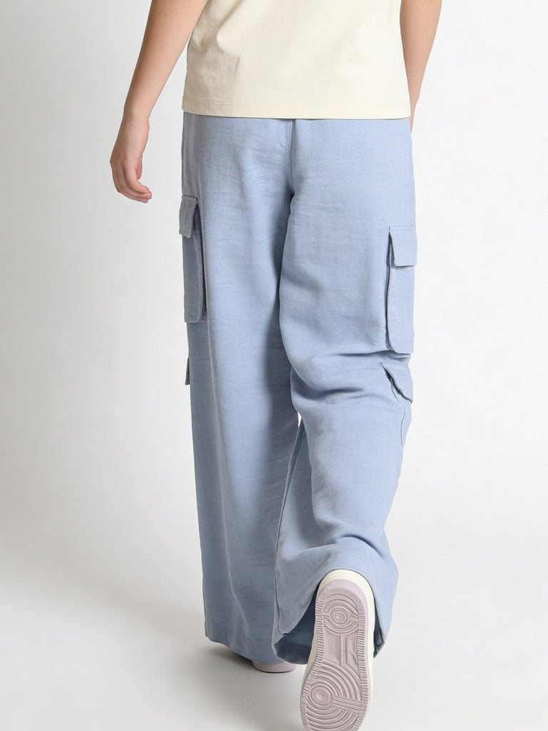 Girls Powder Blue Solid Straight Leg Trousers