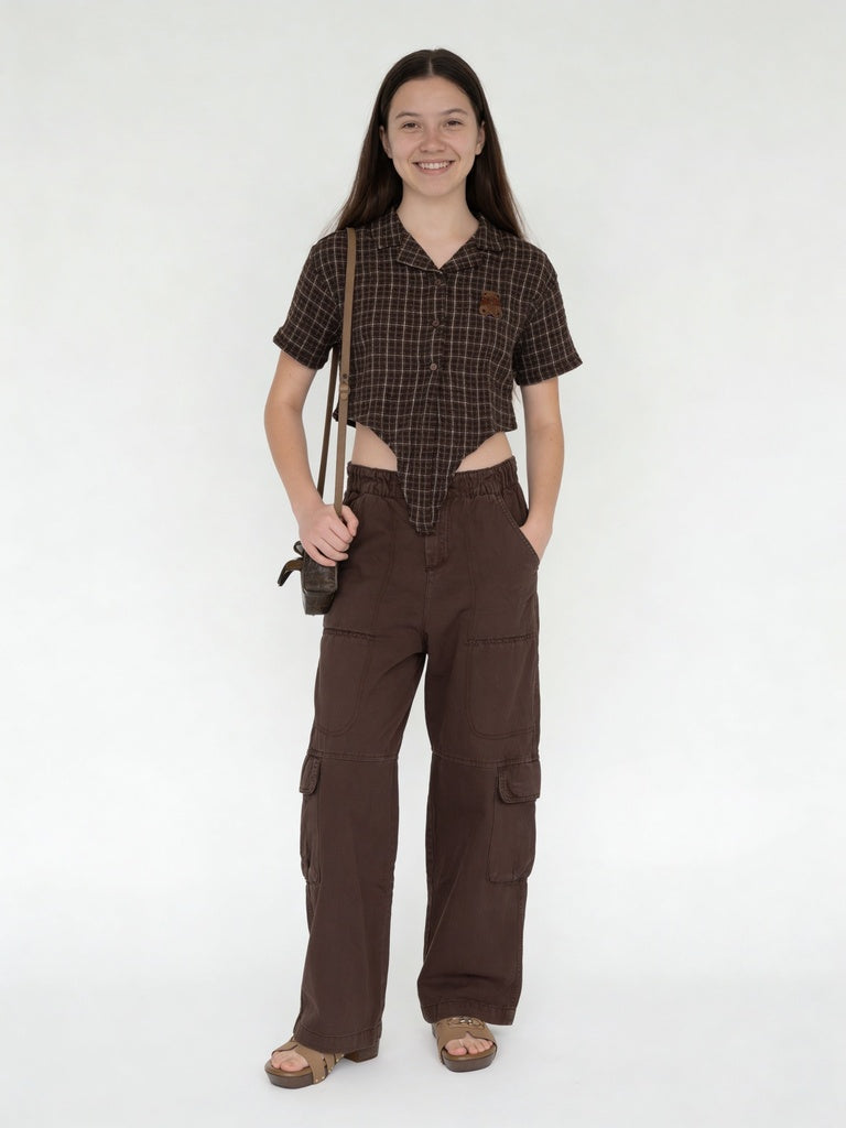 Girls Brown Multi-Pocket Regular Fit Cotton Cargo Pants