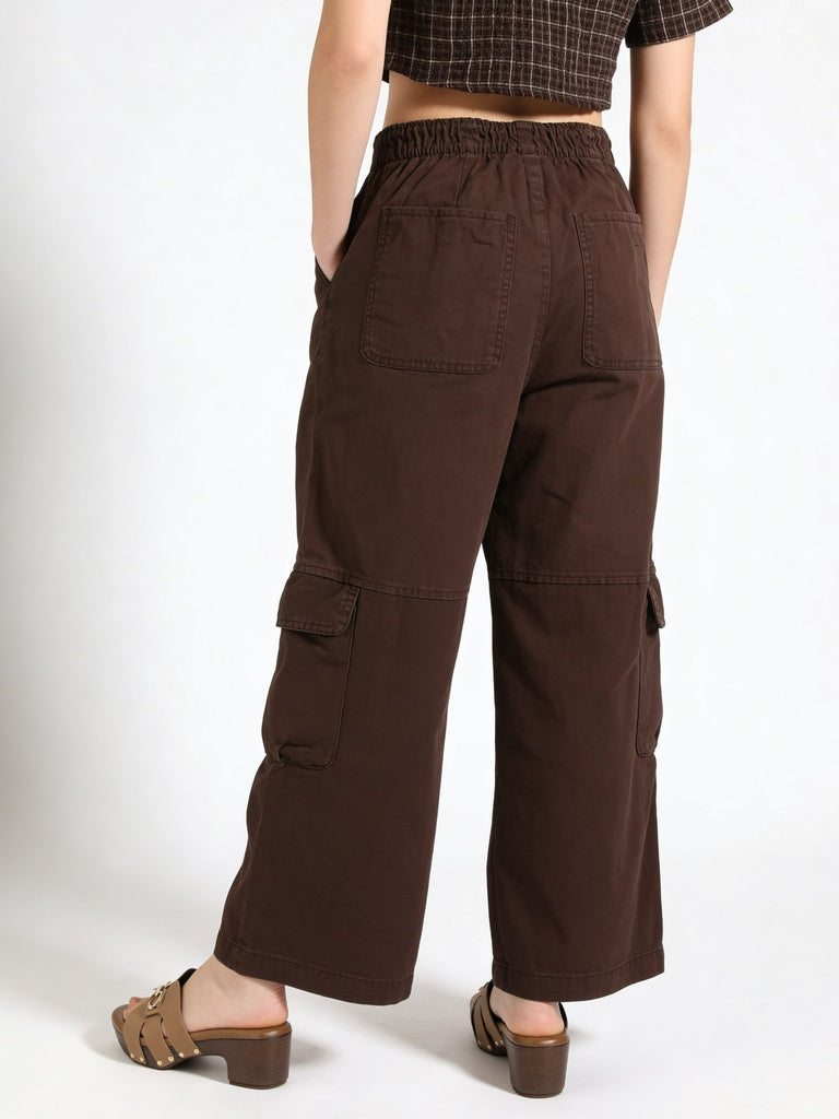 Girls Brown Multi-Pocket Regular Fit Cotton Cargo Pants