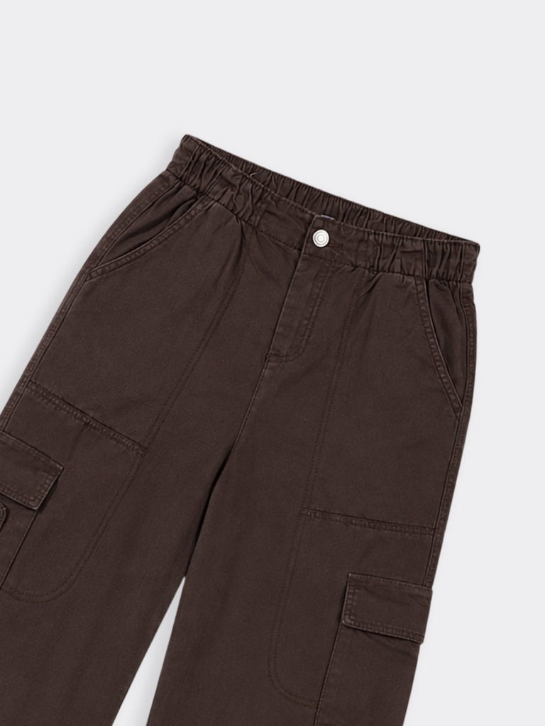 Girls Brown Multi-Pocket Regular Fit Cotton Cargo Pants