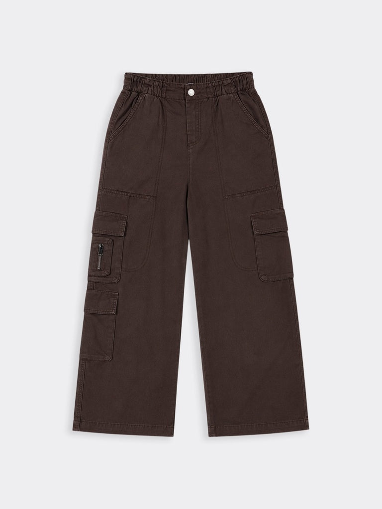 Girls Brown Multi-Pocket Regular Fit Cotton Cargo Pants