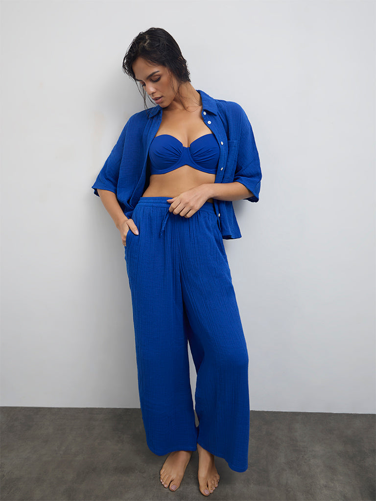 Wunderlove Blue Crinkle-Textured High-Rise Cotton Beach Pants