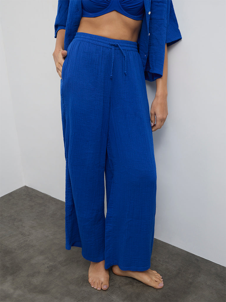 Wunderlove Blue Crinkle-Textured High-Rise Cotton Beach Pants