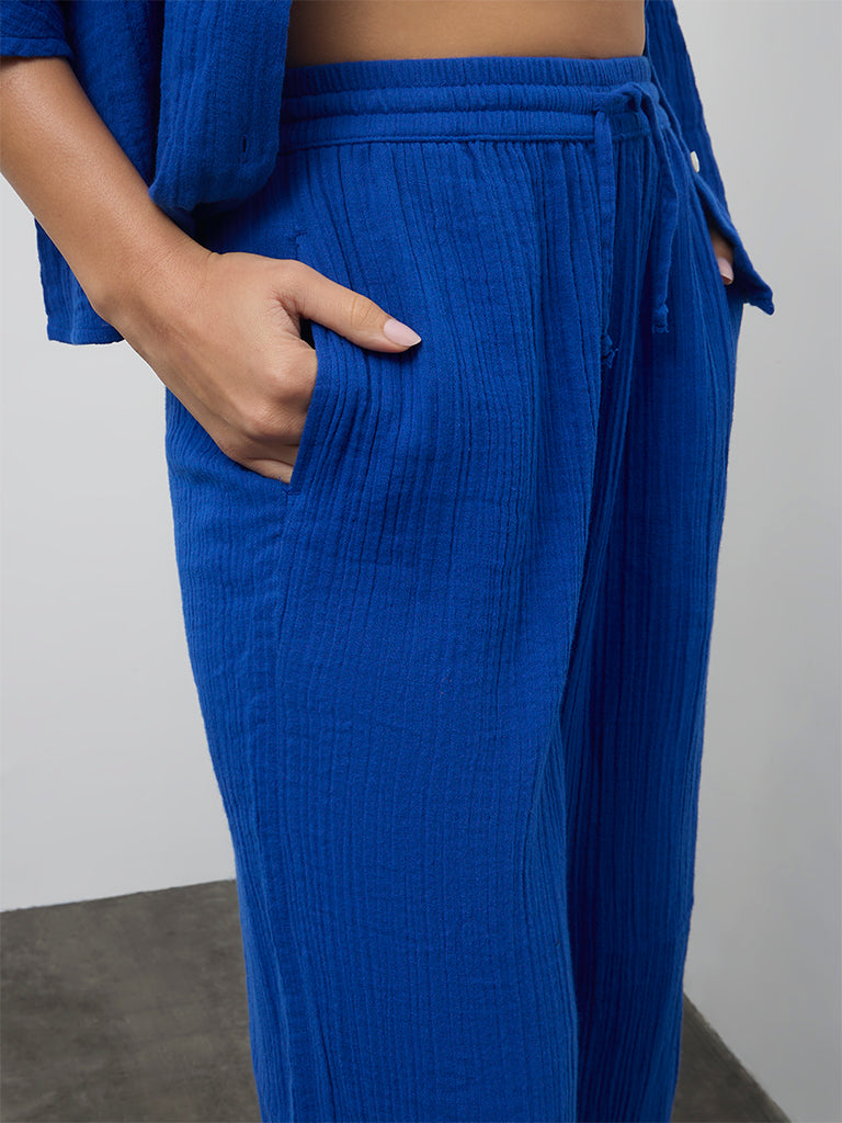 Wunderlove Blue Crinkle-Textured High-Rise Cotton Beach Pants