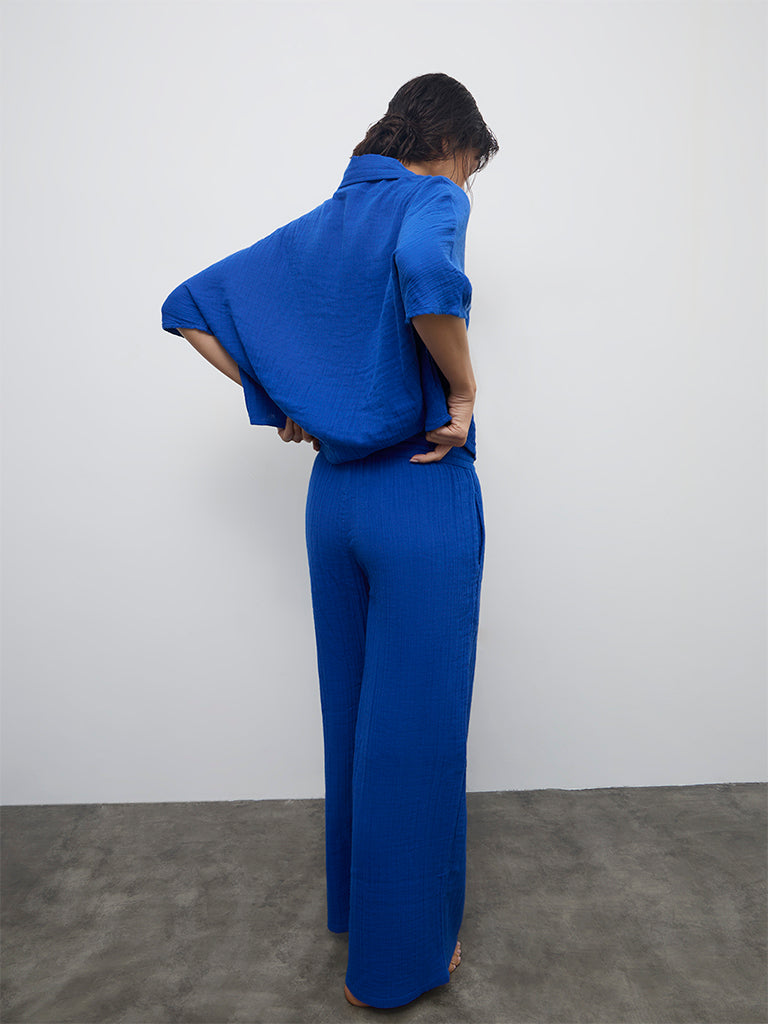 Wunderlove Blue Crinkle-Textured High-Rise Cotton Beach Pants