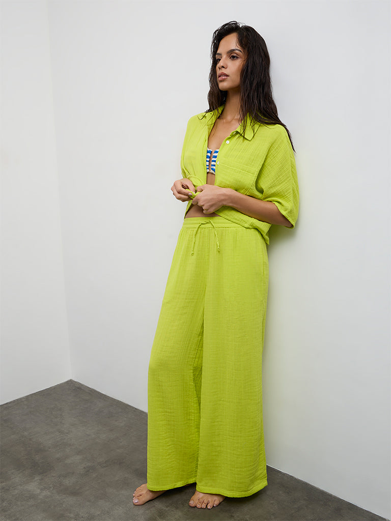 Wunderlove Lime Crinkle-Textured High-Rise Cotton Beach Pants