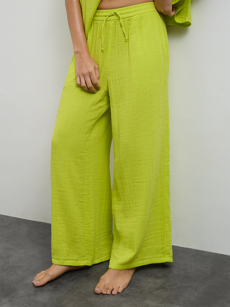 Wunderlove Lime Crinkle-Textured High-Rise Cotton Beach Pants