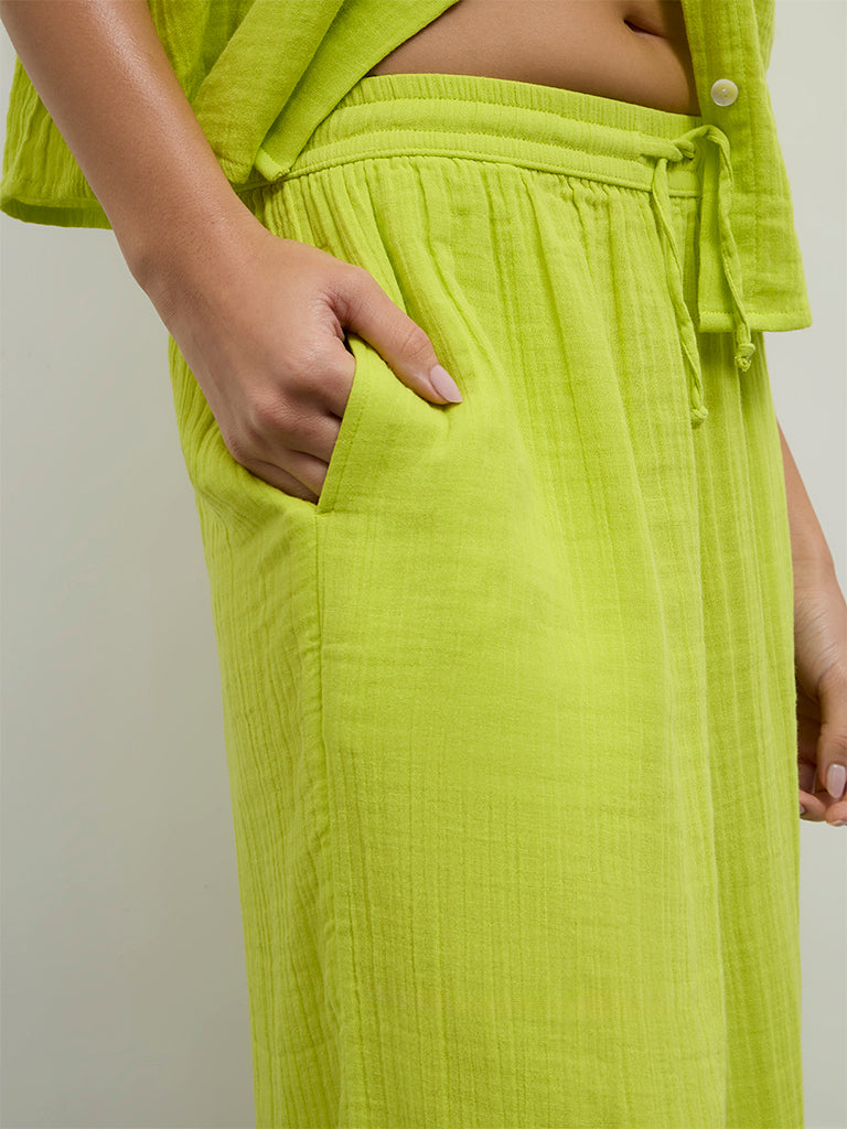 Wunderlove Lime Crinkle-Textured High-Rise Cotton Beach Pants
