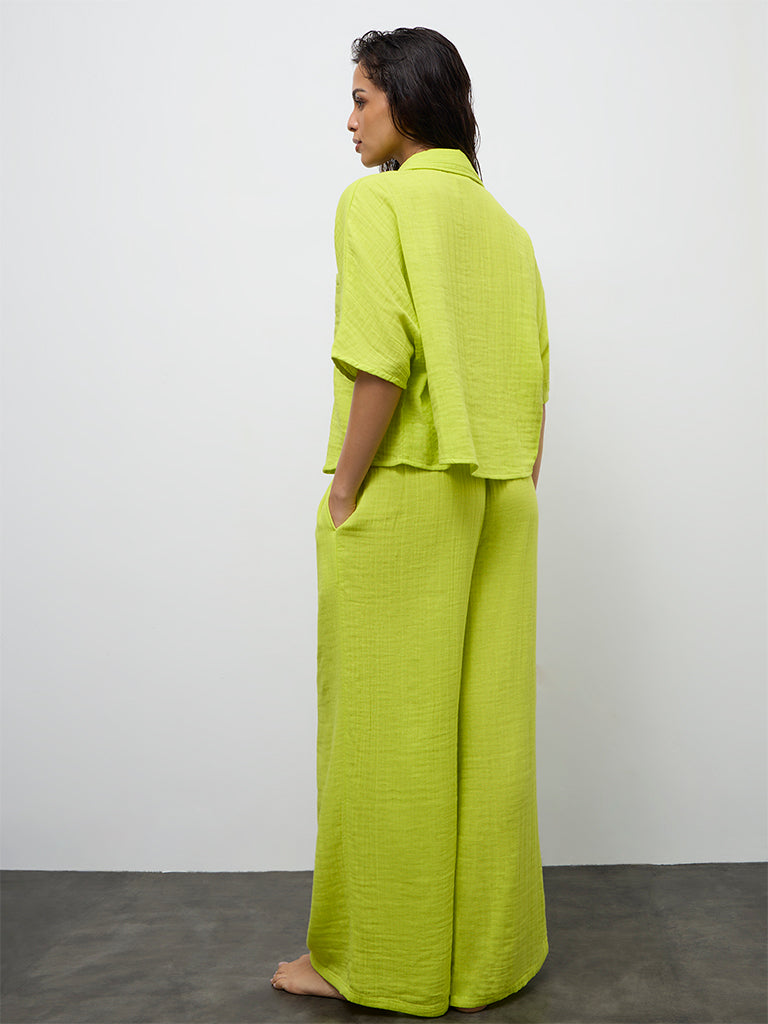 Wunderlove Lime Crinkle-Textured High-Rise Cotton Beach Pants
