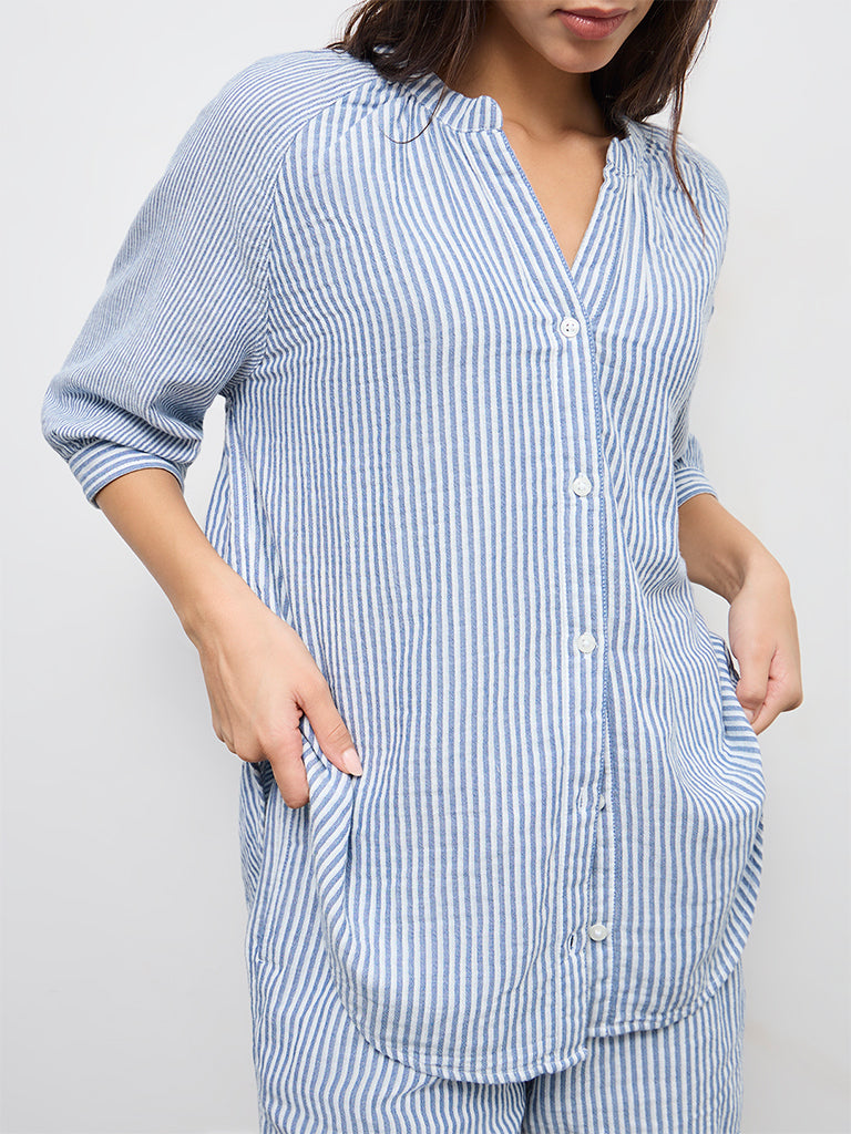 Wunderlove Blue Striped Cotton Beach Shirt