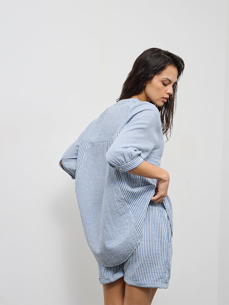 Wunderlove Blue Striped Cotton Beach Shirt