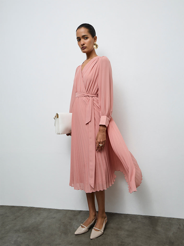 Wardrobe Dusty Pink Pleated A-Line Dress with a Belt