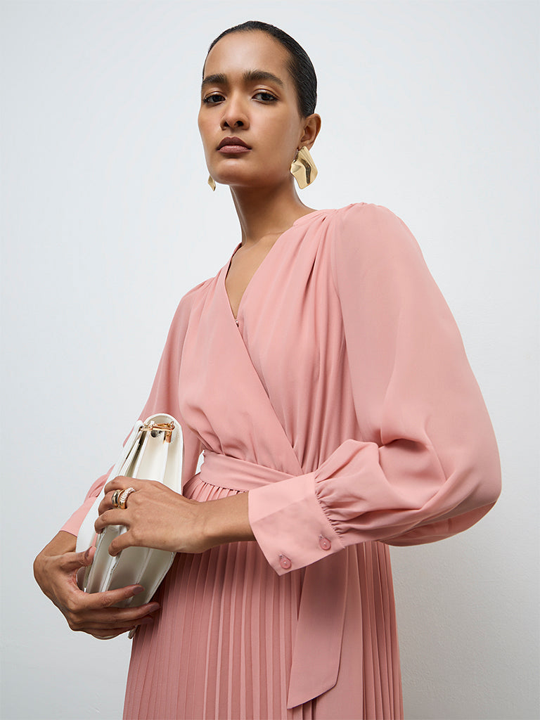 Buy Wardrobe Dusty Pink Pleated A-Line Dress with a Belt from Westside Buy Wardrobe Dusty Pink Pleated A-Line Dress with a Belt from Westside