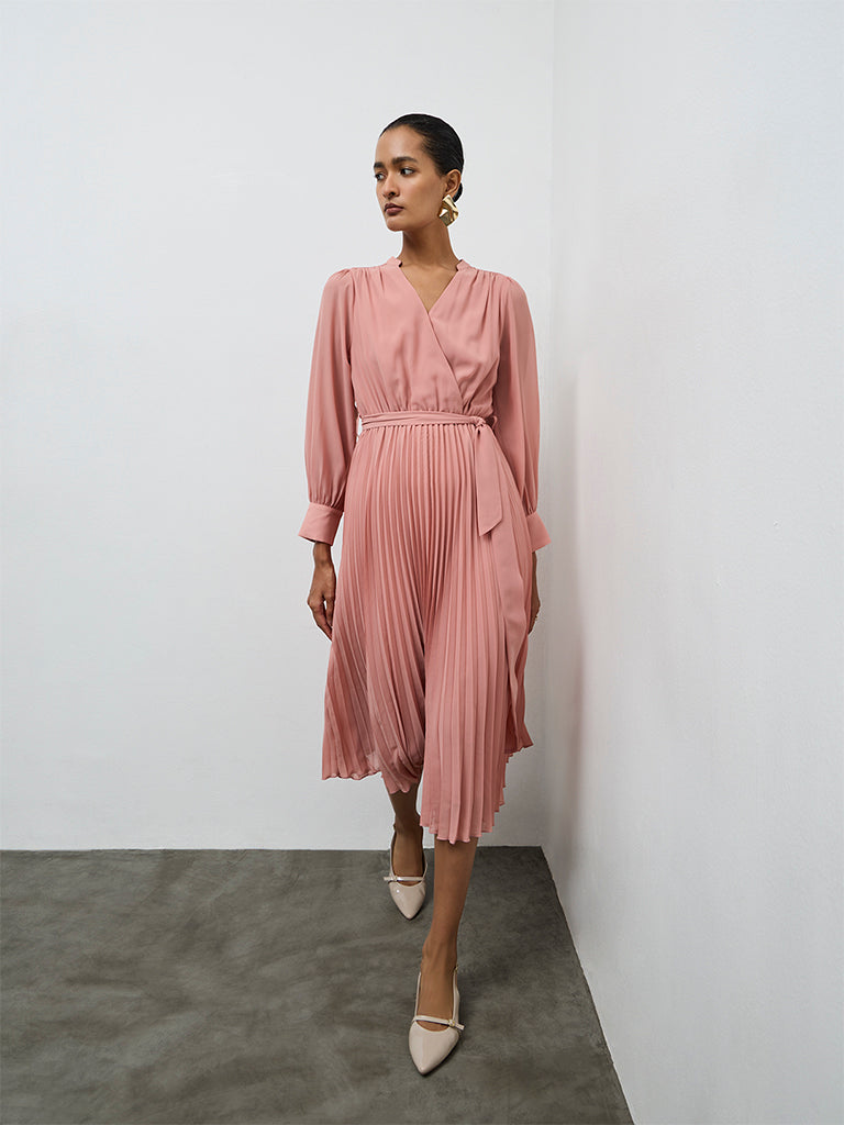 Wardrobe Dusty Pink Pleated A-Line Dress with a Belt
