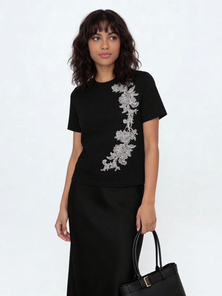 Wardrobe Black Embroidered Cotton-Blend T-Shirt
