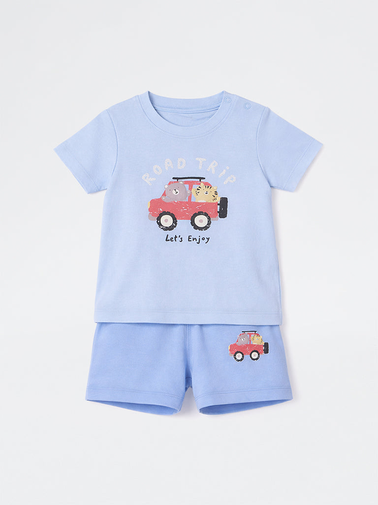 2-Piece HOP Baby Boys Blue Printed Cotton Set