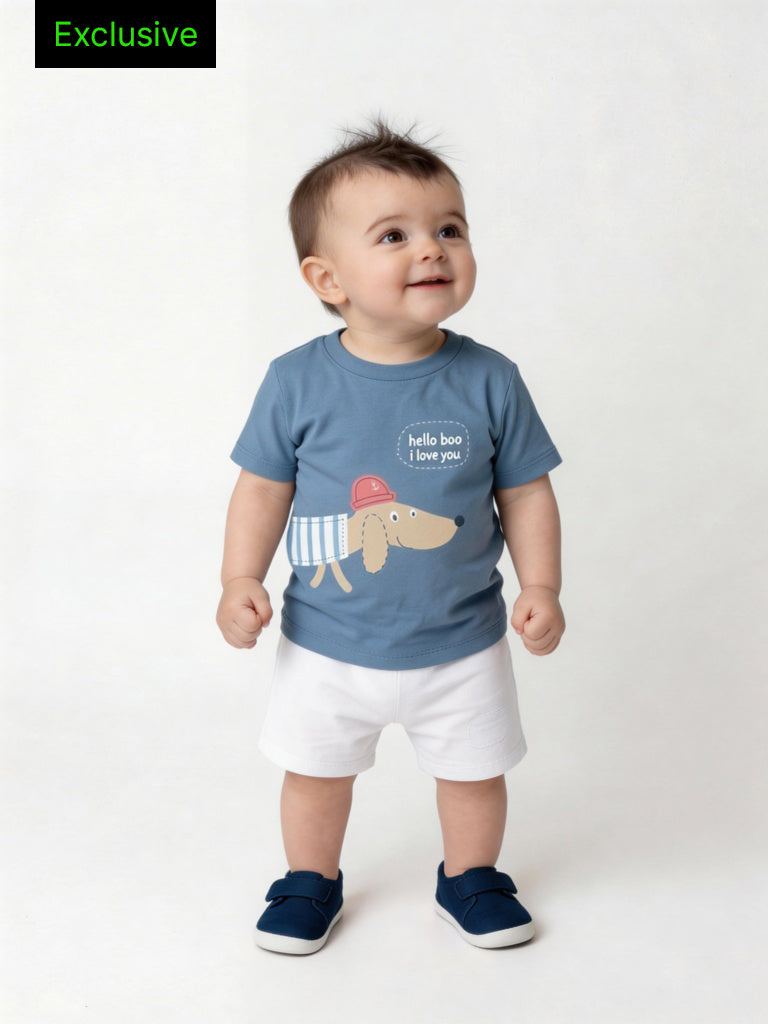 2-Piece HOP Baby Boys Dusty Blue Animal Printed Cotton Set